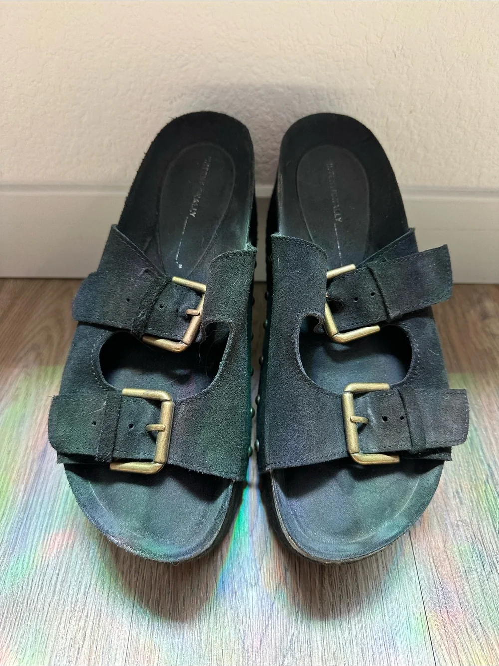 INTENTIONALLY BLANK Black Suede Double Buckle Platform Sandals - Picture 7 of 8